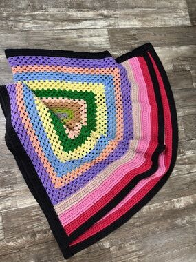 Handmade Crocheted Multicolor Triangle Blanket with Black Border, 58x70